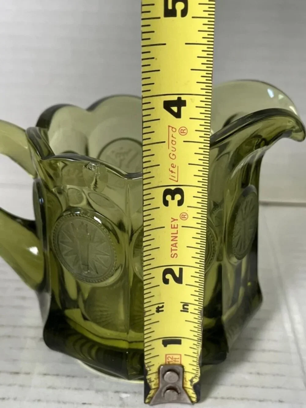 Vintage Fostoria Coin Glass Olive Green Creamer Pitcher
